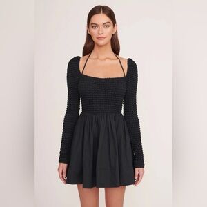 New Staud black Cassidy smocked mini dress